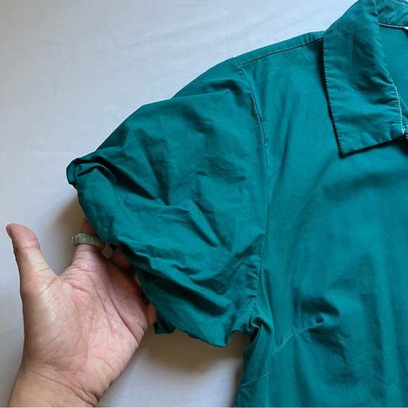 OMNES teal green cotton puff short sleeve belted tiered mini dress - Picture 3 of 8